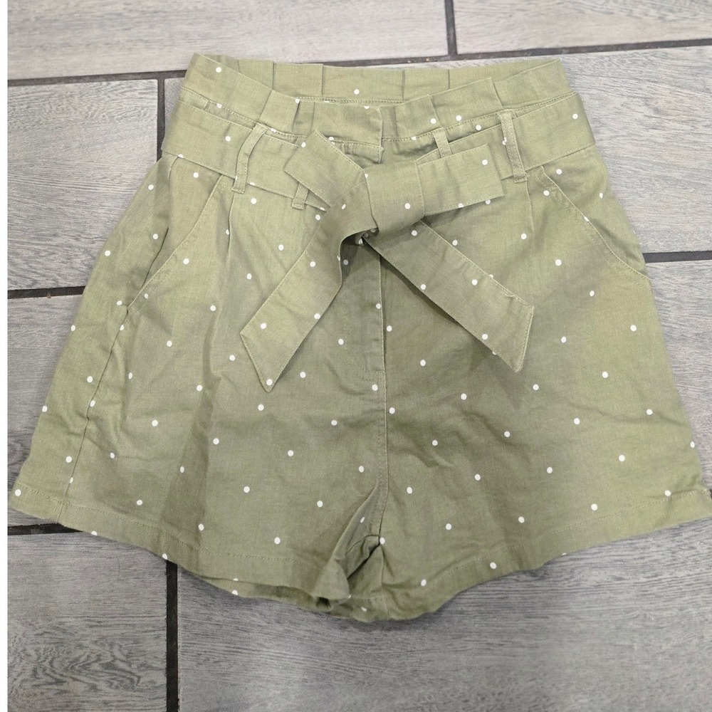 MINE Polka Dot Paperbag Waist Shorts Olive Green Belted Size L